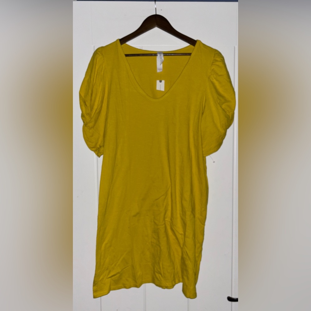 Anthropologie Amadi Puffed‎ Sleeve Dress Robe Gold Yellow Cotton Women L NWT